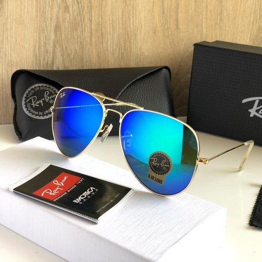 RAY-BAN Blue & Gold 3026 Aviator Causal Latest Sunglass For Unisex.